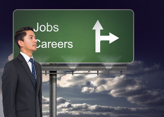Composite image of signpost showing the direction of jobs and ca