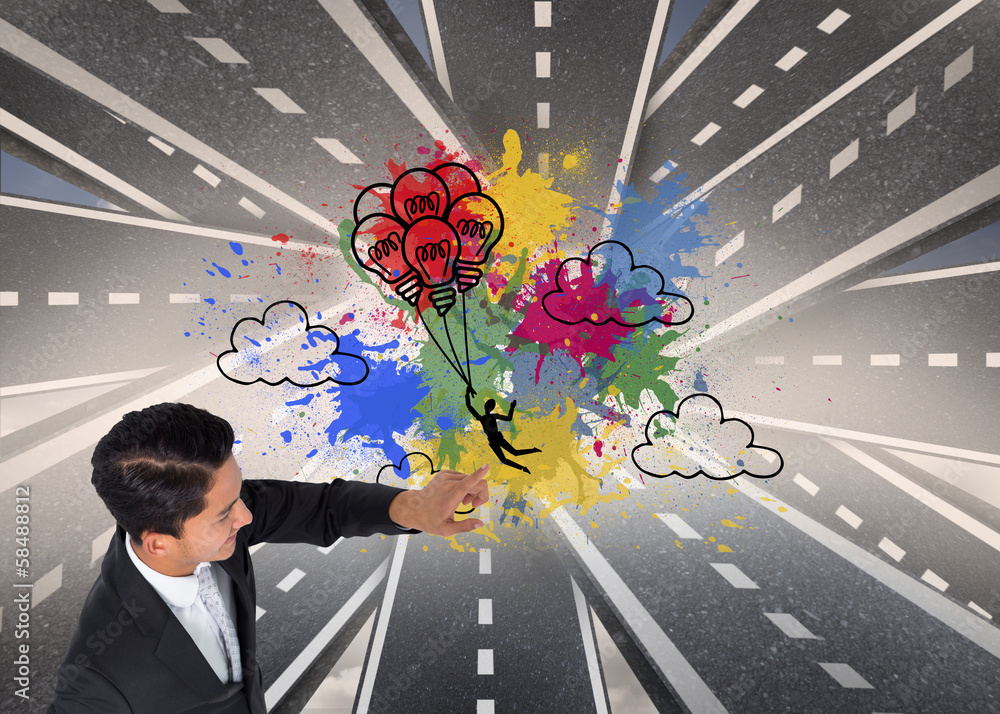 Poster composite image of smiling asian businessman pointing