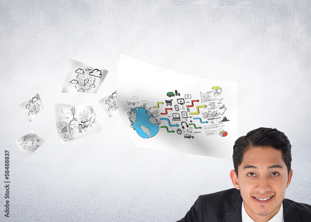 Poster composite image of smiling asian businessman pointing