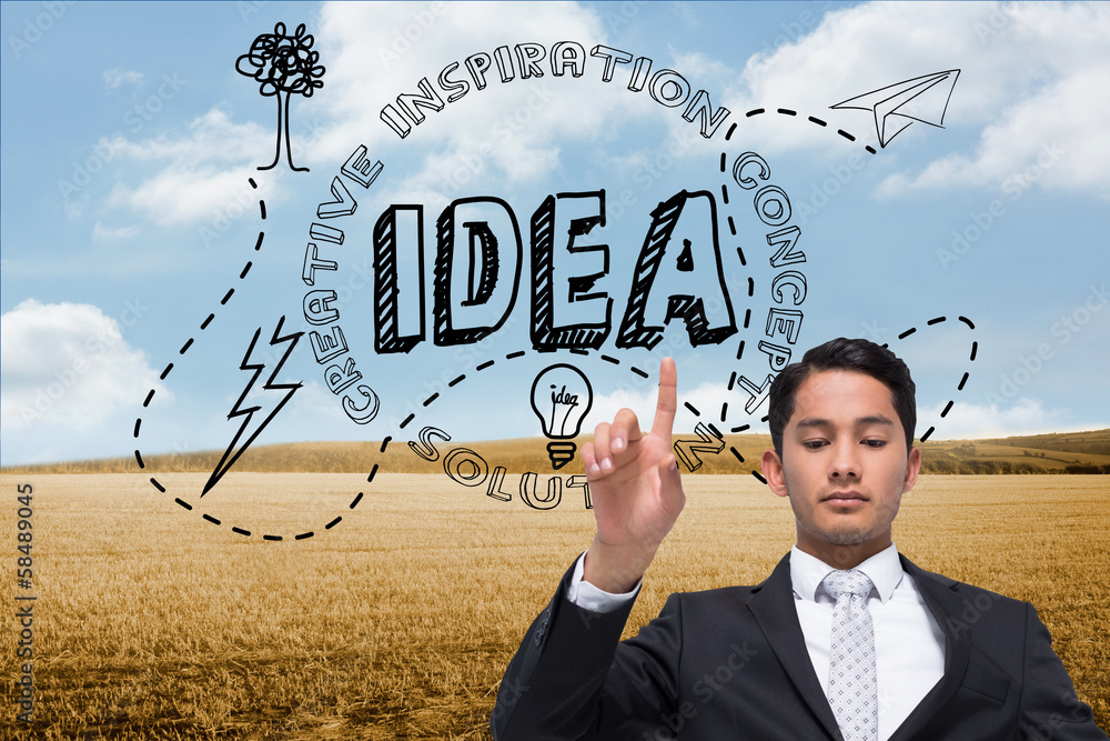 Poster composite image of unsmiling asian businessman pointing