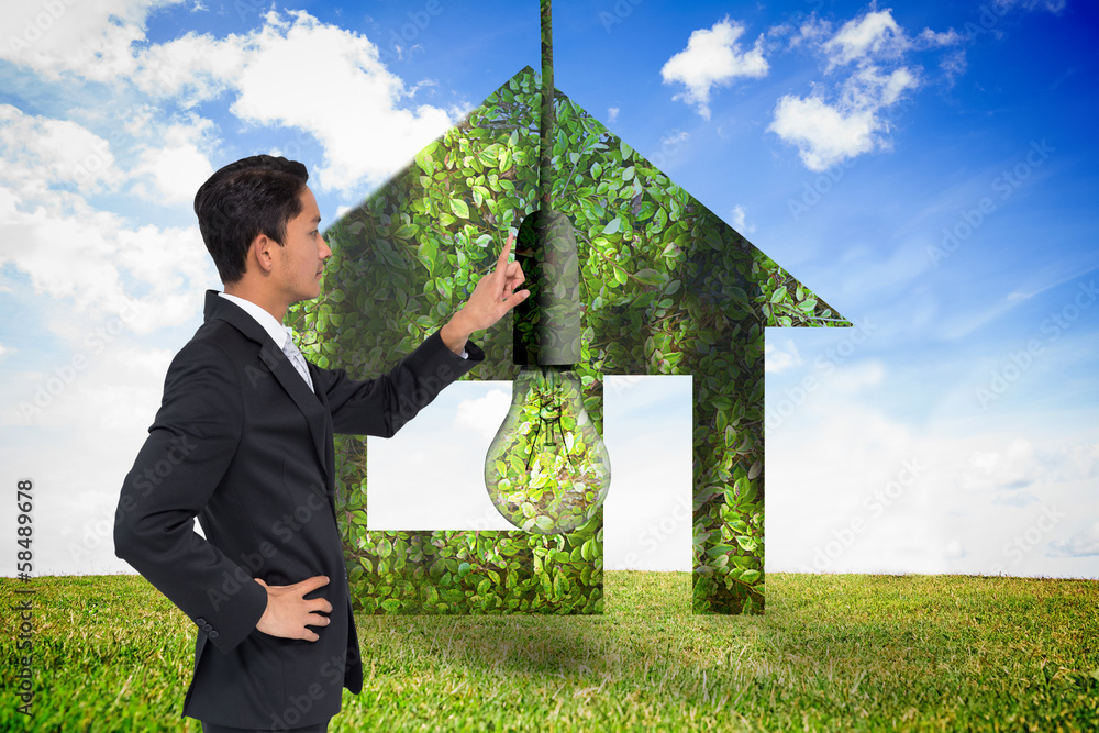 Poster composite image of unsmiling asian businessman pointing