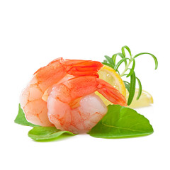 tail of shrimp with fresh lemon and rosemary on the white
