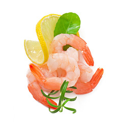 tail of shrimp with fresh lemon and rosemary on the white