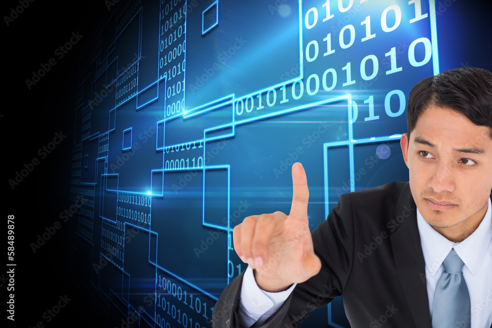 Poster composite image of unsmiling asian businessman pointing