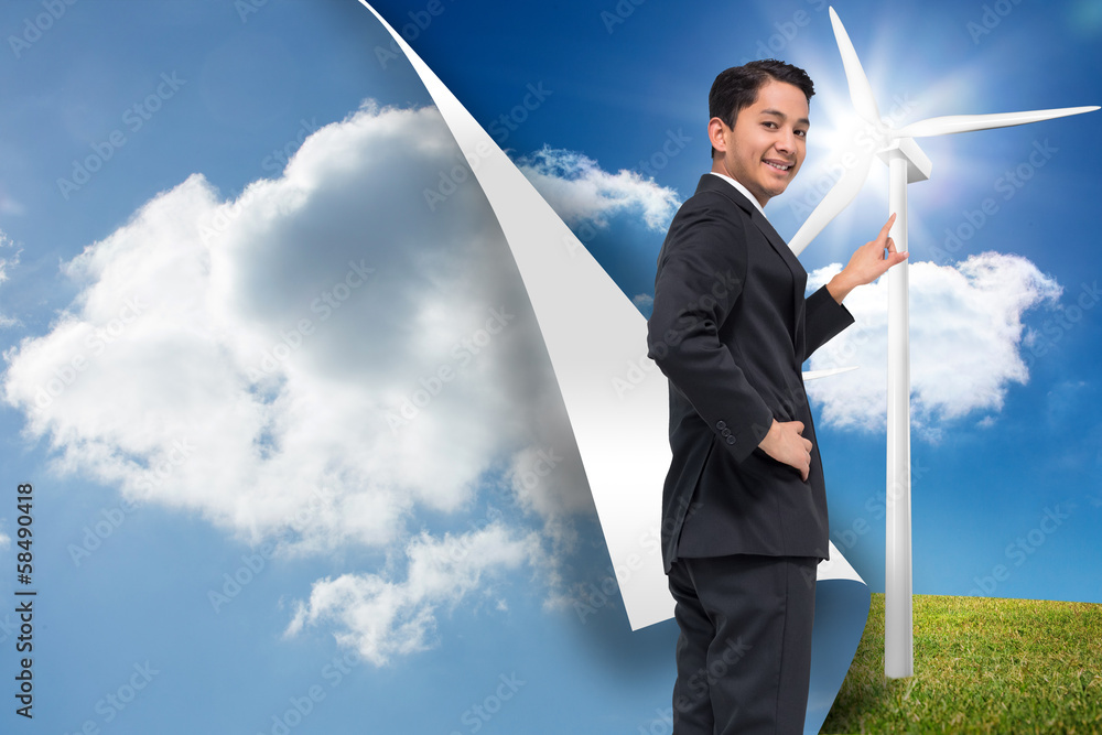 Poster composite image of smiling asian businessman pointing