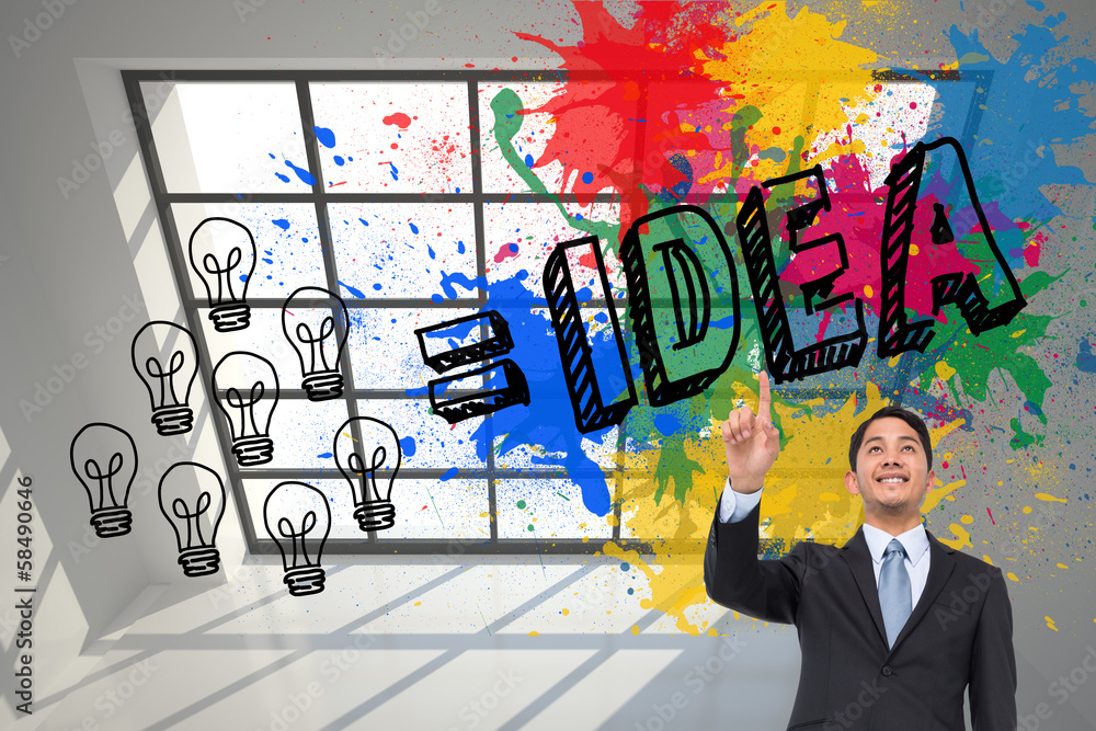 Poster composite image of smiling asian businessman pointing