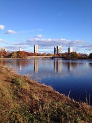 Weeks Bridge and Harvard dorms at the Charles River