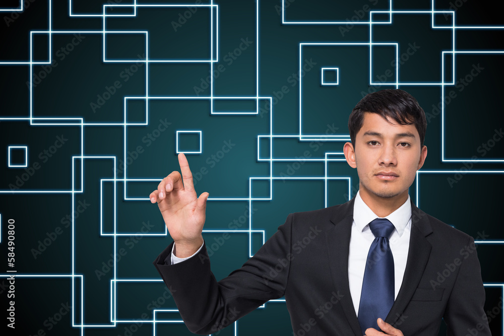 Poster composite image of unsmiling businessman touching