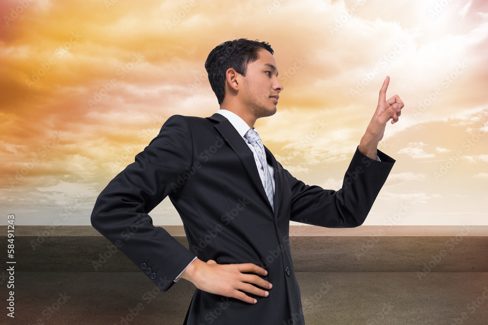 Poster composite image of unsmiling asian businessman pointing
