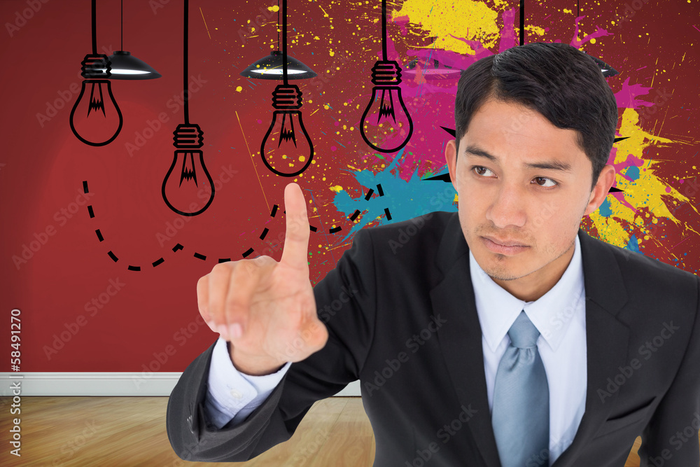 Poster composite image of unsmiling asian businessman pointing