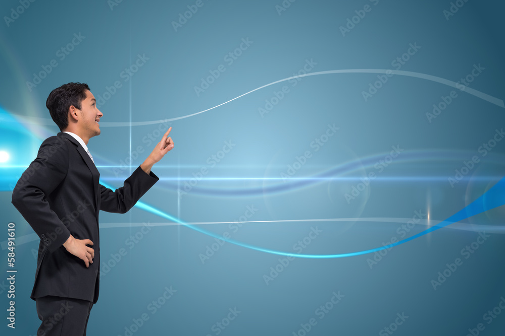 Poster composite image of smiling asian businessman pointing