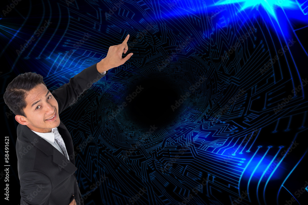Poster composite image of smiling asian businessman pointing