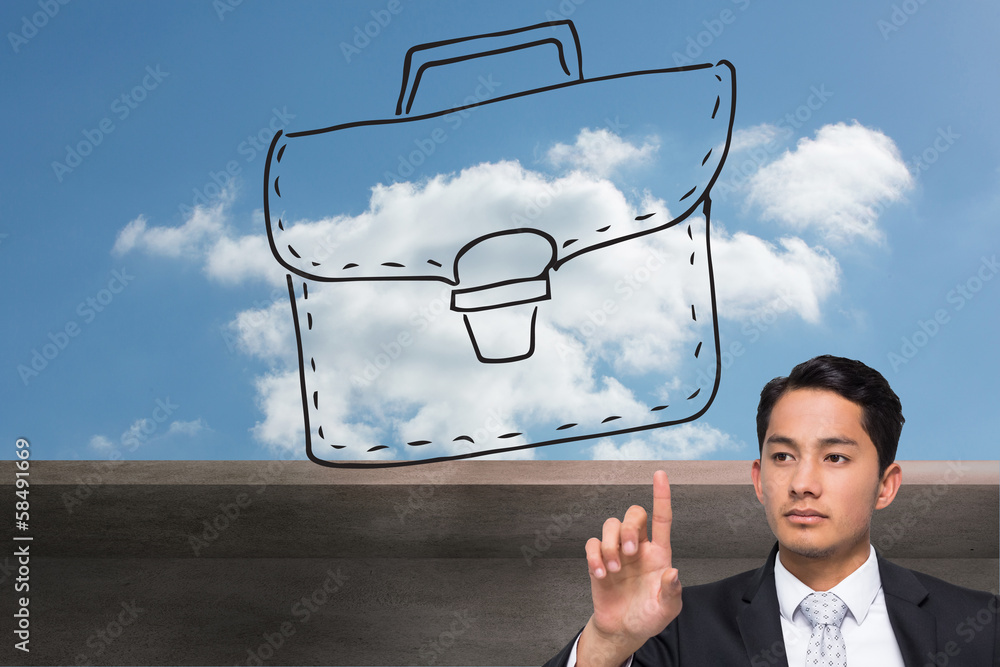 Poster composite image of unsmiling asian businessman pointing