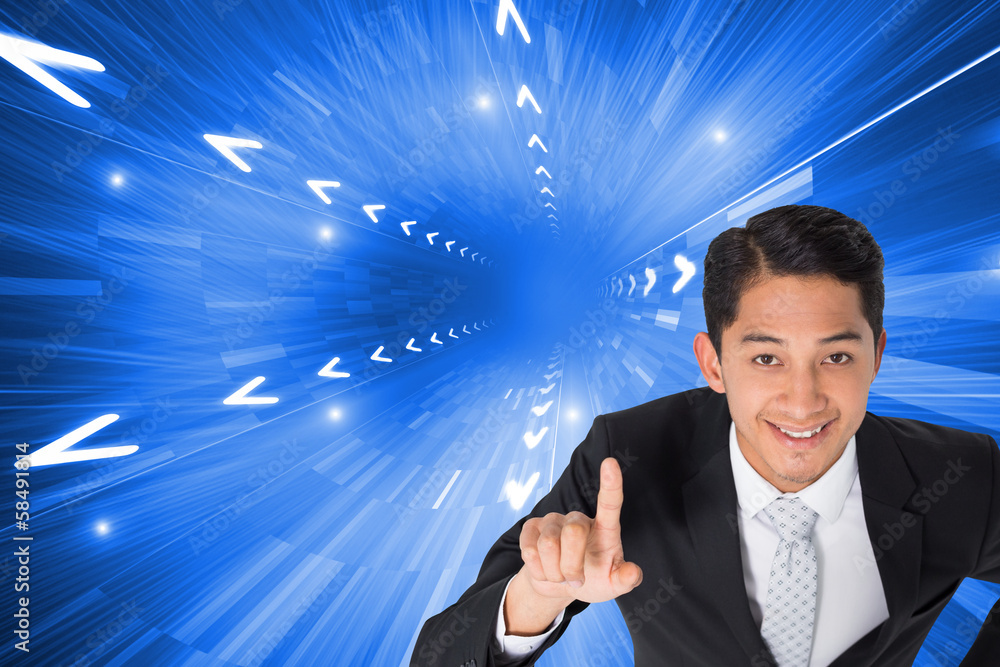Poster composite image of smiling asian businessman pointing