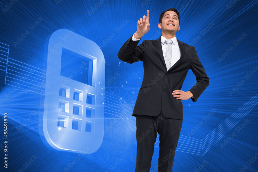 Poster composite image of smiling asian businessman pointing
