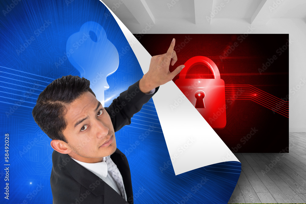 Poster composite image of unsmiling asian businessman pointing