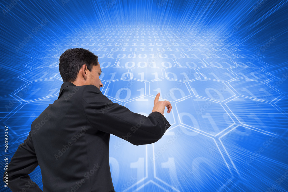 Poster composite image of unsmiling asian businessman pointing