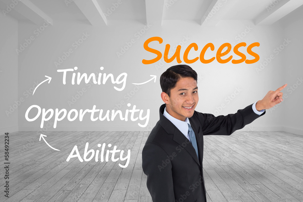Poster composite image of smiling asian businessman pointing
