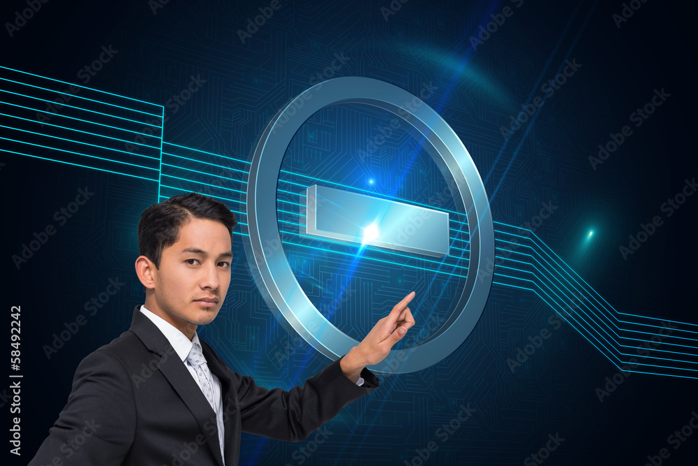 Poster composite image of unsmiling asian businessman pointing