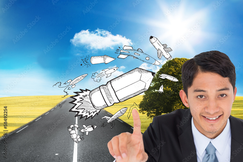 Poster composite image of smiling asian businessman pointing