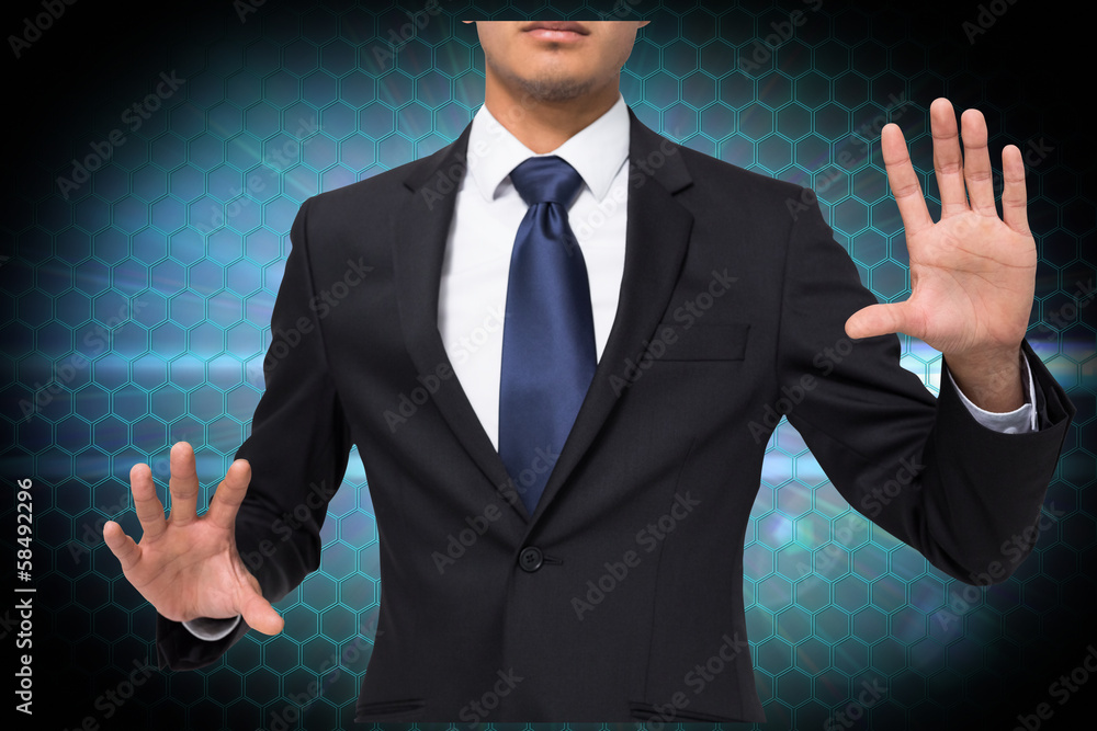 Poster composite image of unsmiling businessman touching