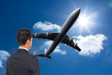 Composite image of 3d plane flying in the sky