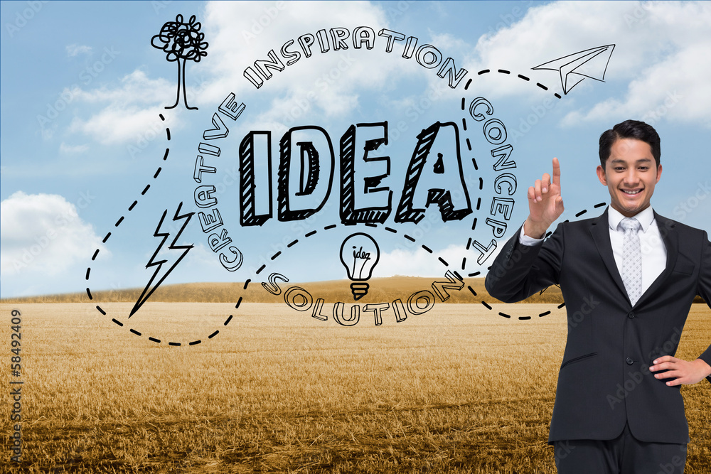 Poster composite image of smiling asian businessman pointing