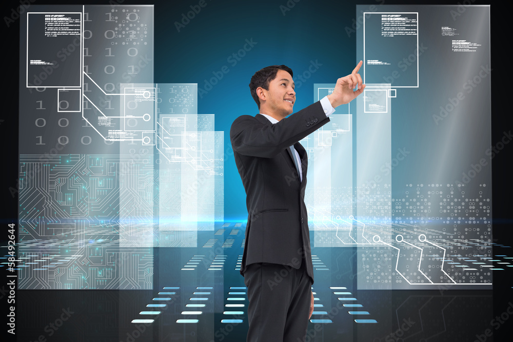 Poster composite image of smiling asian businessman pointing