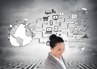 Composite image of smiling asian businesswoman pointing