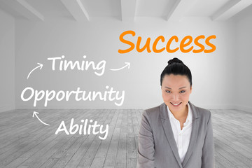 Composite image of smiling asian businesswoman pointing