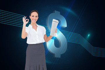 Composite image of stylish businesswoman making gesture while ho
