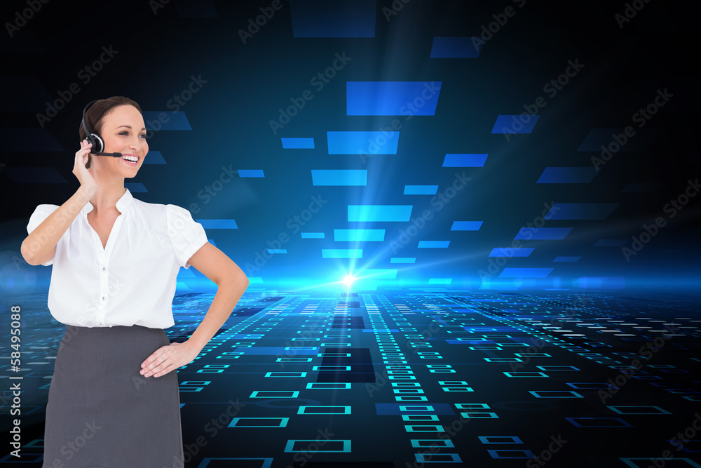 Poster Composite image of cheerful smart call center agent working