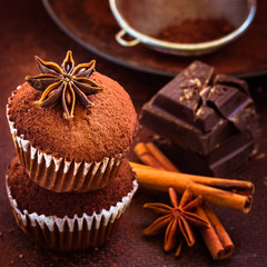 Stack of cupcakes, cocoa, star anise, cinnamon and chocolate
