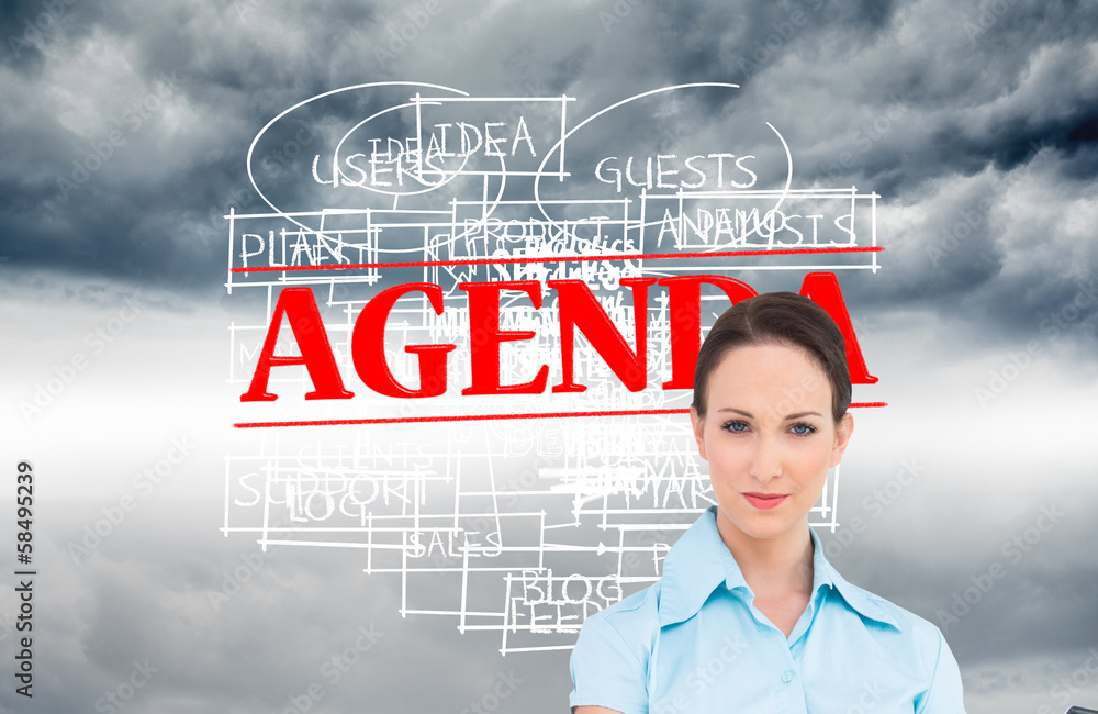 Poster composite image of serious classy businesswoman using calculator