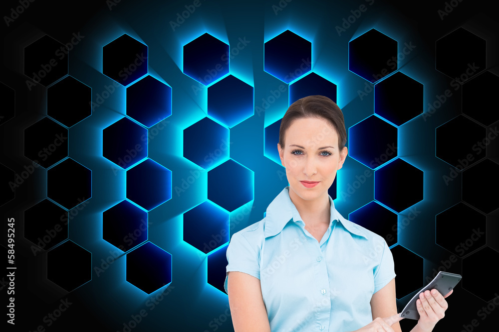 Poster composite image of serious classy businesswoman using calculator