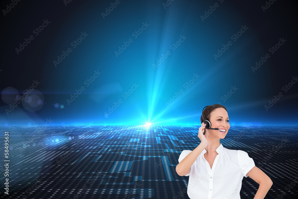 Poster Composite image of cheerful smart call center agent working