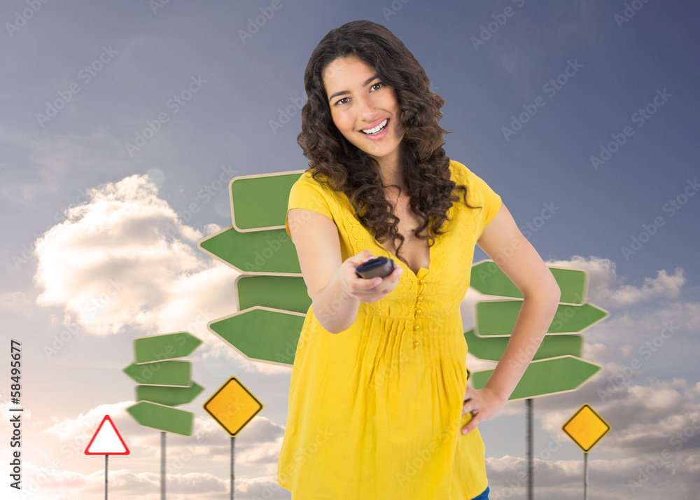 Poster composite image of smiling curly haired pretty woman changing ch