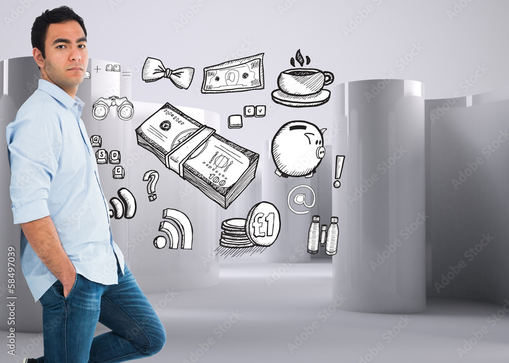 Poster Composite image of unsmiling casual man standing