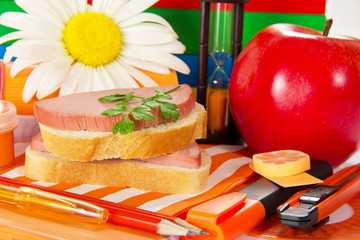 Sandwich close-up in front textbooks