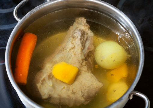 beef broth in open pan
