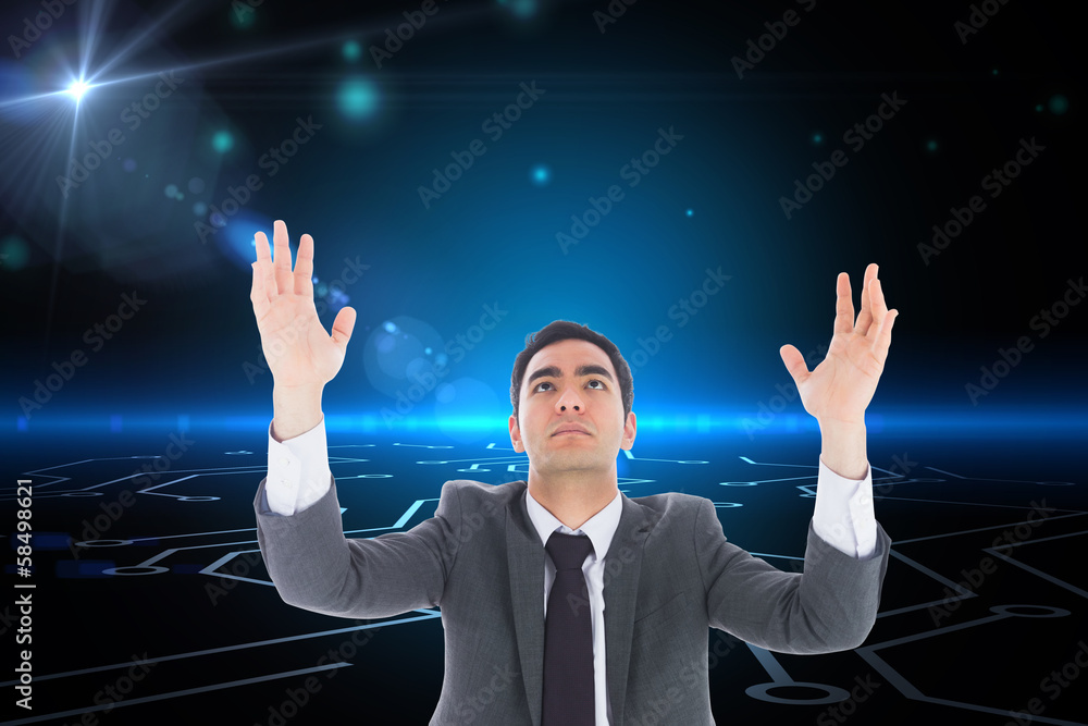 Poster composite image of unsmiling businessman with arms raised
