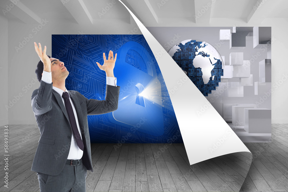 Poster composite image of unsmiling businessman with arms raised