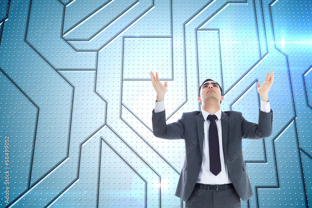Poster composite image of unsmiling businessman with arms raised