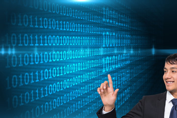 Composite image of smiling businessman touching