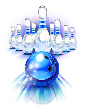 Blue bowling ball in motion and the pins