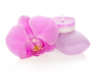 Fototapeta na wymiar Orchid, aromatic candle and soap