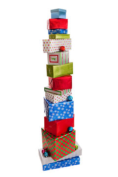 Tall Stack Of Christmas Presents Isolated On White