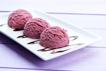 Delicious ice cream on plate on table close-up