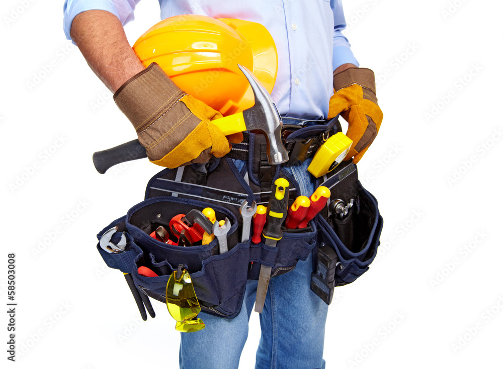 Wall mural worker with a tool belt. construction.