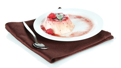 Panna Cotta with raspberry sauce, isolated on white